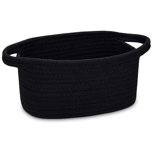 ABenkle Small Storage Basket, Mini Basket, Cute Tiny Cotton Rope Woven Shelf Basket, Boho Decorative Toy Storage Bin Gift Basket - color: Black (8.7"x6.3"x4.7")