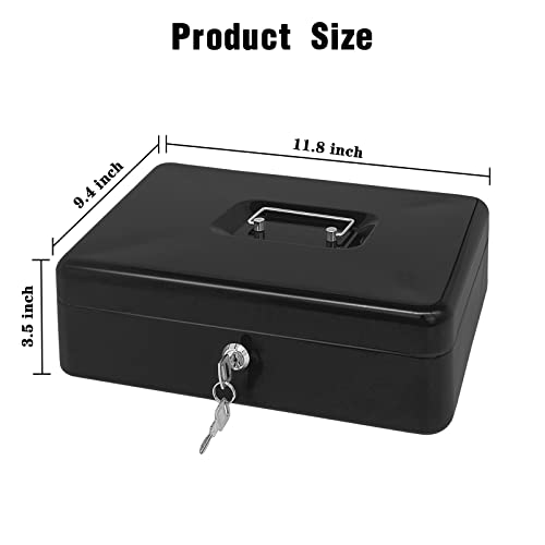 Steel Cash Box with Key Lock, Metal Small Money Organizer with Money Tray,Cash Storage Box with Lockable Cover (Black - 12 inch) - color: Black - 11.8" x 9.4" x 3.5"