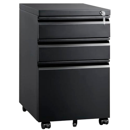 Mount-It! 3 Drawer File Cabinet with Lock and Wheels, Heavy-Duty Steel Rolling Drawer Cabinet, Fully Assembled Under Desk Filing Cabinet for Home Office Storage, 15.3" W x 19.75" D x 24.5" H, Black - color: Black