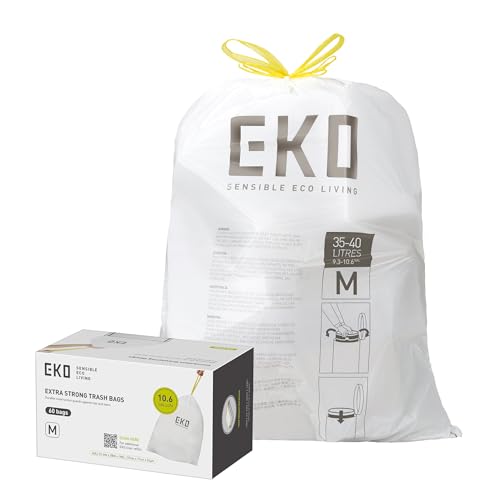 EKO 10.6 Gallon / 35–40 Liter Drawstring Trash Bags, 60 Count Heavy-Duty Tall Kitchen Garbage Can Liners, Extra-Strong Leak-Resistant, Unscented, White, Code M - size: 60 Count (Pack of 1), style: 10.6 Gallon Bags/Code M