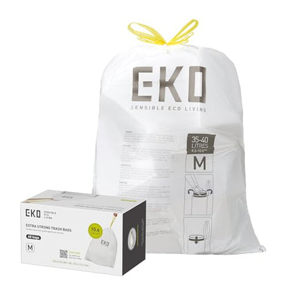 EKO 10.6 Gallon / 35–40 Liter Drawstring Trash Bags, 60 Count Heavy-Duty Tall Kitchen Garbage Can Liners, Extra-Strong Leak-Resistant, Unscented, White, Code M - size: 60 Count (Pack of 1), style: 10.6 Gallon Bags/Code M