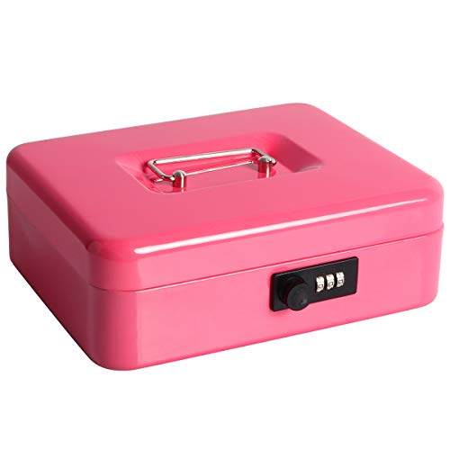 Cash Box with Money Tray, Parrency Large Money Box with Combination Lock, 9.8 x 7.9 x 3.5 inches, Pink - color: Combo Pink, size: Large（9.84")
