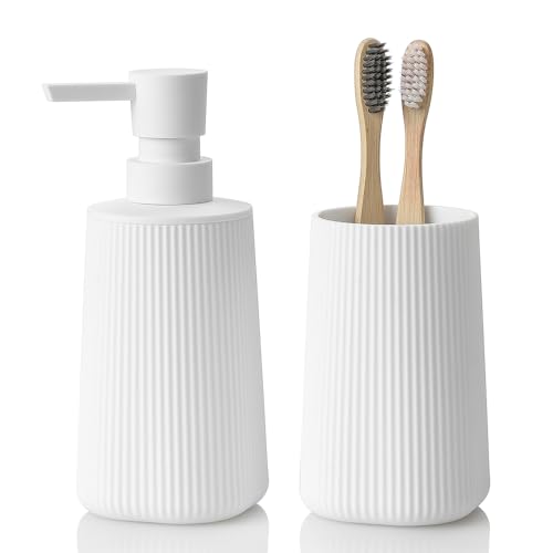 YAUKPH Bathroom Soap Dispenser and Toothbrush Holder Striped White - color: Striped White