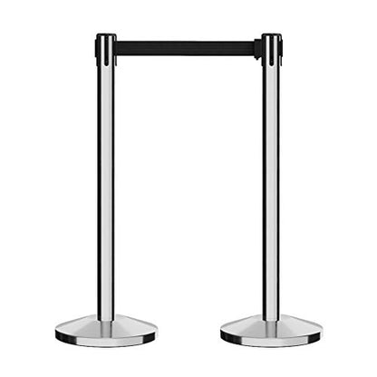 Crowd Control Warehouse Retractable Belt Stanchion Barriers, 2 Pack, 11 Ft - color: Black Belt, Polished Stainless Steel Post