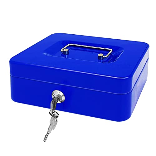Steel Cash Box with Key Lock, Metal Small Money Organizer with Money Tray,Cash Storage Box with Lockable Cover (Blue - 10 inch) - color: Blue - 9.8" x 7.8" x 3.3"