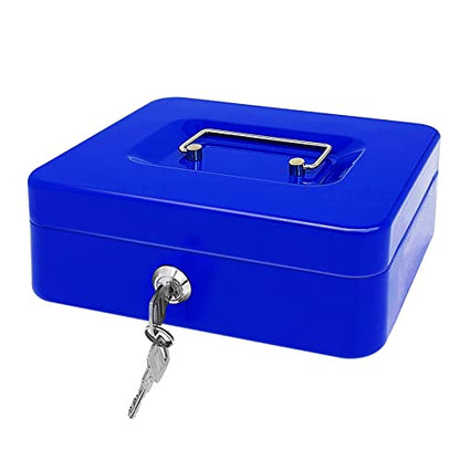 Steel Cash Box with Key Lock, Metal Small Money Organizer with Money Tray,Cash Storage Box with Lockable Cover (Blue - 10 inch) - color: Blue - 9.8" x 7.8" x 3.3"