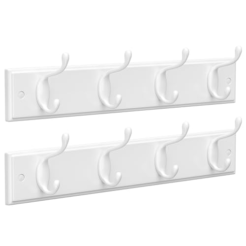 SONGMICS Wall-Mounted Coat Racks, Set of 2, 8 Dual Metal Hooks - color: White, size: 2 Pack-4 Hooks, style: Without Shelf