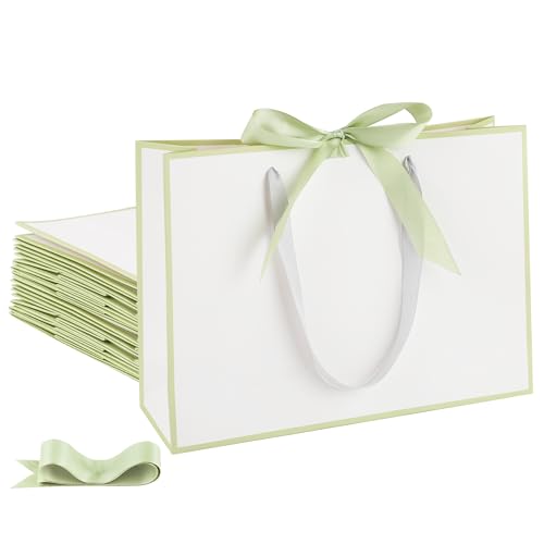 STOBOCTER 12 Pcs Thank You Gift Bags with Handles 12.6x4x9.1'' Elegant Paper Gift Bags with Bow Ribbon Gift Wrap Bags for Wedding Bridal Shower Father's Day Housewarming Birthday(White, Sage Green) - color: White, Sage Green, size: 1 Count (Pack of 12)