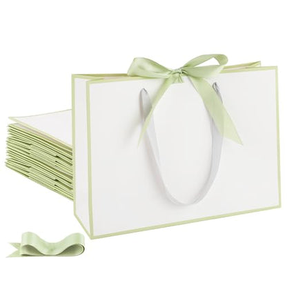 STOBOCTER 12 Pcs Thank You Gift Bags with Handles 12.6x4x9.1'' Elegant Paper Gift Bags with Bow Ribbon Gift Wrap Bags for Wedding Bridal Shower Father's Day Housewarming Birthday(White, Sage Green) - color: White, Sage Green, size: 1 Count (Pack of 12)