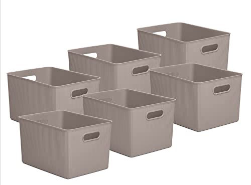 Decorative Plastic Basket Open Home Storage Bins Organizer, X-Large Taupe (6 Pack) Container Boxes for Organizing Closet Storage Bins for Shelves Drawer Shelf - Ribbed Collection 22 Liter/23 Quart - size: 22 Liter