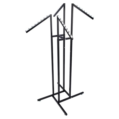 SSWBasics Black 4 Way Adjustable Clothing Rack with Slanted Arms - Retail Clothing Rack Display - Adjustable Height Arms from 48" to 72" Perfect for Clothing Stores