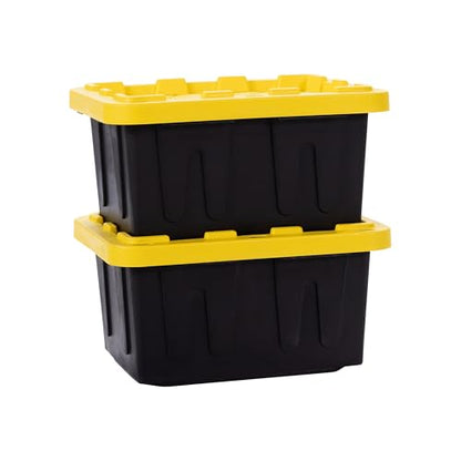 Plastic 5-Gallon Storage Tote with Lockable Lid, Stackable Tough Regular-Duty Bin for Garage, Tools, and Home Organization (2-Pack) - Black and Yellow - size: 5-Gallon (2-Pack)