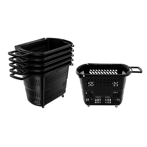 6PCS Plastic Shopping Basket, 35L Portable Shopping Carts with Wheels and Handle for Supermarkets Retail Stores Grocery, Heavy Duty PP Rolling Trolley (Black) - color: Black