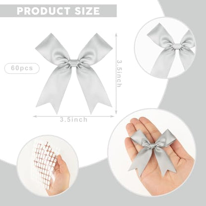 Silver Bows 60Pcs 3.5Inch Pre-Tied Satin Ribbon Bows with Adhesive Dots - color: Silver, size: 60 PCS