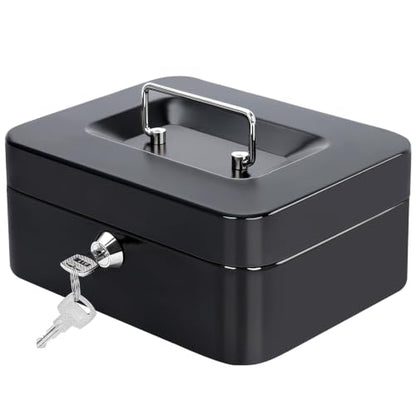 Jssmst Locking Medium Steel Cash Box with Money Tray,Lock Box,Black - color: Black, size: M(7.87")