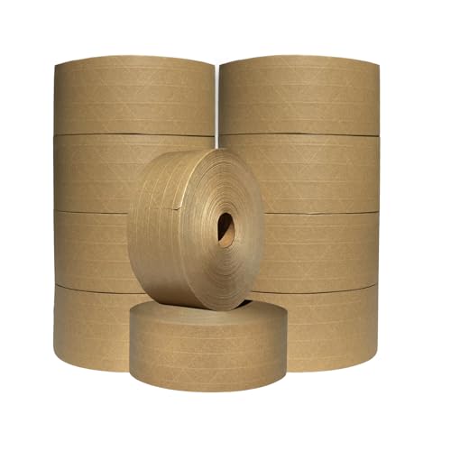 3" x 450 Feet Reinforced Water Activated Gummed Kraft Paper Tape (10-Pack, 4500FT Total) for Heavy Duty Secure Packing & Shipping, Tamper Evident Brown Gummed Tape