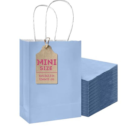 qiqee 24PCS Mini Gift Bag with Handles Bulk 4.5"x2.5"x6" Gift Bags Light Blue Bags Multiple Uses - color: Light Blue