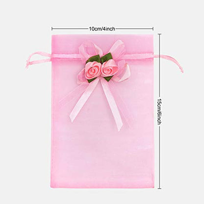 SumDirect Rose Organza Gift Bags - 50Pcs 4x6 inch Pink Wedding Favor Gift Bags, Jewelry Pouches with Drawstring for Party Wedding Christmas Valentine - color: Pink