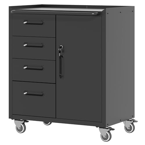 Metal Storage Cabinet for Garage, Tool Cabinet, Utility Cabinet - color: Black, size: M - 4 Drawers & 1 Door (Wheeled)