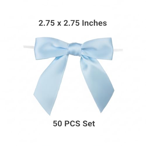 50 Pcs Baby Blue Satin Ribbon Twist Tie Bows, 2.75 Inch Pre-Tied Mini Bows with Wire for Baby Shower & Gift Wrapping - color: Baby Blue