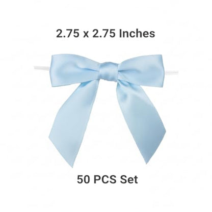 50 Pcs Baby Blue Satin Ribbon Twist Tie Bows, 2.75 Inch Pre-Tied Mini Bows with Wire for Baby Shower & Gift Wrapping - color: Baby Blue
