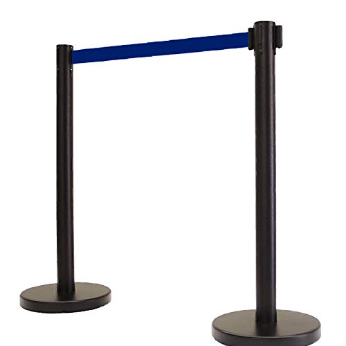 40" HT Retractable Belt Queue Safety Stanchions Barrier Combo Set (2 Posts with 10' Blue Belt & Flat Base) - color: 2 Posts With 10' Blue Belt & Flat Base