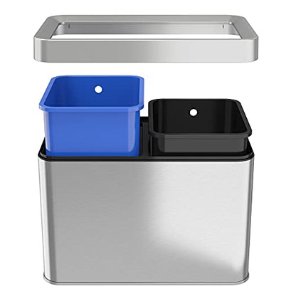 iTouchless 20 Liter / 5.3 Gallon Open Top Waste Trash Can & Recycle Bin with 2 Recycle Stickers, Dual Compartment Slim Stainless Steel Container - color: Silver with Black and Blue, 5.3 Gal