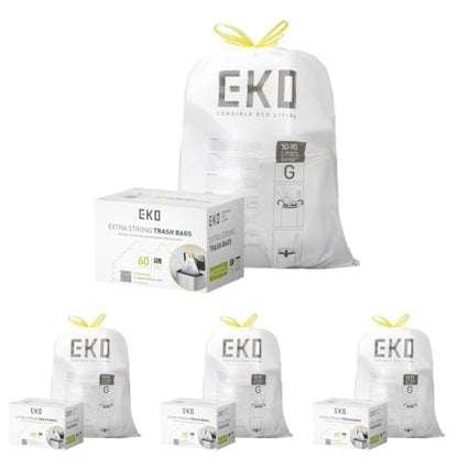 EKO 21 Gallon / 50-90 Liter, Drawstring Trash Bags, Extra-Strong Unscented Garbage Bags, Easy-Dispense Roll for Kitchen & Household Use, Code G, White 60 Count (Pack of 4) - size: 60 Count (Pack of 4), style: 21 Gallon Bags/Code G