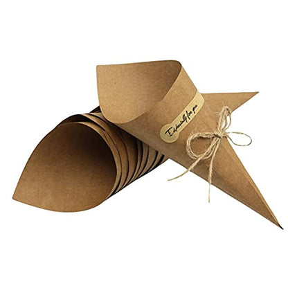 luzen 50Pcs Small Kraft Paper Cones Bouquet Wrapping Paper Cones Wedding Confetti Candy Gift Flower Paper Cones Holder with Hemp Ropes for DIY Wedding Table Decor Party Gift Packaging, Brown