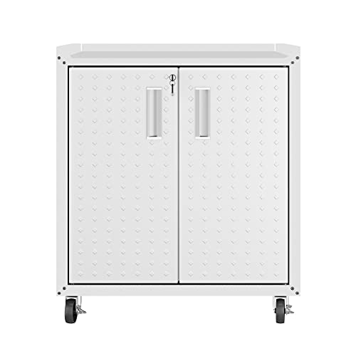 Manhattan Comfort Fortress Rolling Garage Storage Cabinet with 2 Adjustable Shelves, Lockable Metal Tool Compartment, Heavy-Duty Mobile Utility Organizer with Wheels, White - color: White, style: 2 Door Cabinet