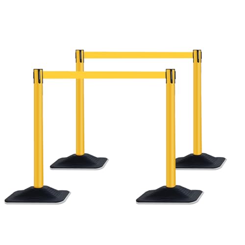10 ft Crowd Control Stanchion Set, Yellow Crowd Control Barrier with Retractable Belts & Rubber Base, Queue Management Stanchion (4 Pack) - size: Rubber Base-4 Pack