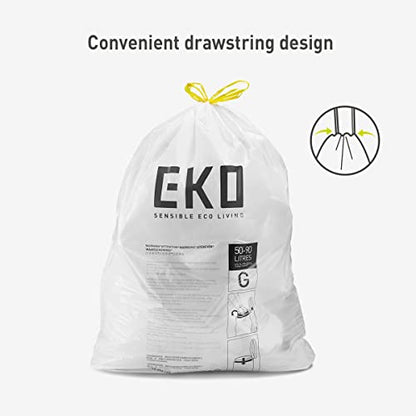 EKO 21 Gallon / 50-90 Liter, Drawstring Trash Bags, Extra-Strong Unscented Garbage Bags, Easy-Dispense Roll for Kitchen & Household Use, Code G, White 60 Count (Pack of 4) - size: 60 Count (Pack of 4), style: 21 Gallon Bags/Code G