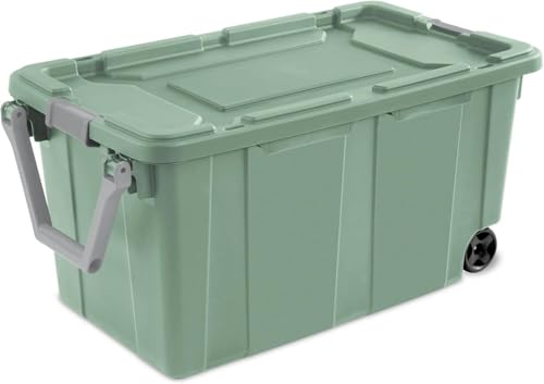 Storage Bin 40 Gallon 160 Qt Wheeled Industrial Tote Plastic Rolling Stacker Storage Box, Tough Lidded Stackable Storage Container for Home, Garage, and Camping Green Sage Base and Lid 2 PACK