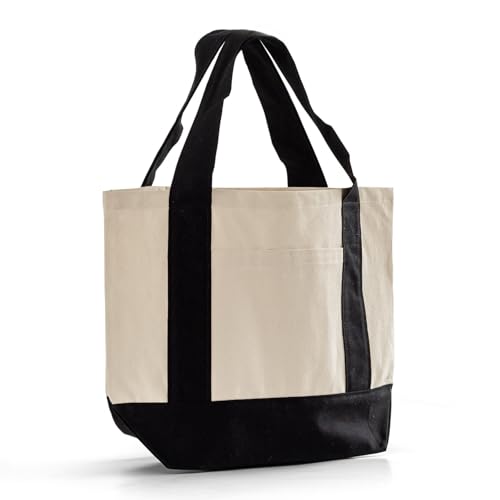 TBF 12 Pack Mini Iconic Canvas Shopping Bags with Gusset – Reusable Eco-Friendly Tote Bags with Handles - color: Black