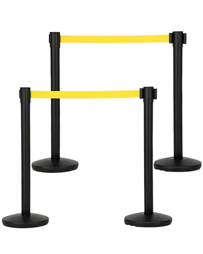 GarveeTech Crowd Control Stanchion Set 4 Pack with Retractable Belt, Heavy Duty Crowd Control Barrier, Commercial Line Dividers Queue Stanchion Posts for Events Bank Hotel, 6.6 ft/2 m Yellow Belt - color: Yellow, size: 4 Pack