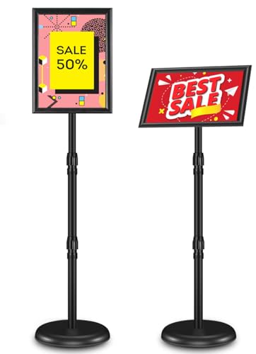 SZCY LLC Adjustable Sign Holder Stand 8.5x11 inch, Floor Standing Sign Holder, 360° Rotation, Signage Stand with Snap-Open Frame Display, Outdoor Indoor Standing Display Sign Holders for advertising