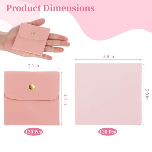120 Pcs Jewelry Pouches Set, Includes 120 PU Leather Packaging Bags and 120 Cleaning Cloths, Jewelry Organizer Pouches with Snap Buttons, Present Bags for Earrings, Bracelets, Pink - color: pink,240PCS