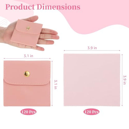 120 Pcs Jewelry Pouches Set, Includes 120 PU Leather Packaging Bags and 120 Cleaning Cloths, Jewelry Organizer Pouches with Snap Buttons, Present Bags for Earrings, Bracelets, Pink - color: pink,240PCS
