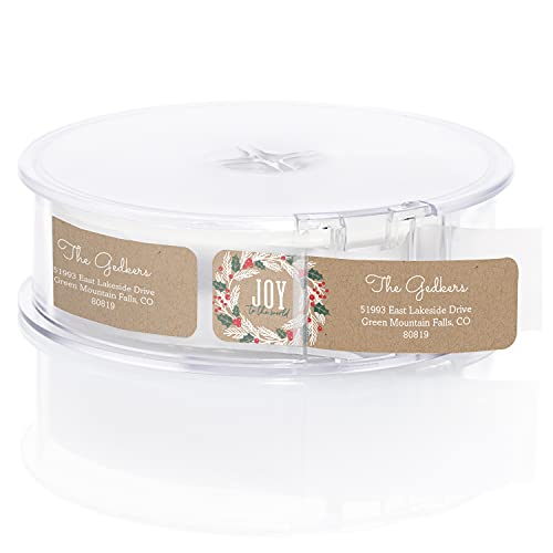 Holiday Faux Kraft Rolled Address Labels/Roll of 500 Personalized Return Address Labels/Designer Return Address Stickers in Elegant Plastic Dispenser - size: 500 Labels, style: Holiday Faux Kraft