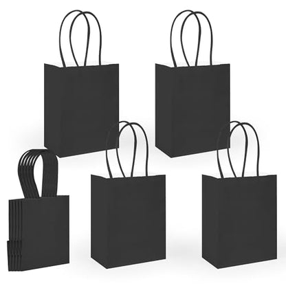 DjinnGlory 60 Pack Tiny Mini Black Paper Gift Party Goodie Bags with Handles Bulk 6.3 x 4.7 x 2.75 Inch for Halloween Birthday Favors Treats, DIY Crafts, Small Business Merchandise Kraft Bags - color: Black