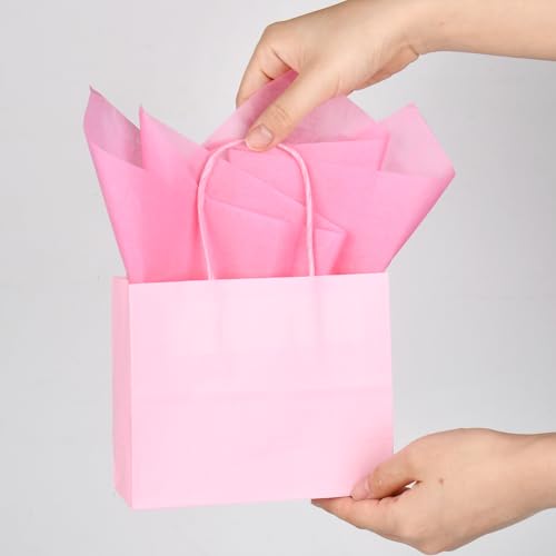 DjinnGlory 24 Pack Mini Tiny Small Pink Paper Gift Bags with Handles 6x5x2.5 Inch and 24 Tissue Paper for Wedding Baby Shower Princess Birthday Party Favors Goodies - color: Pink
