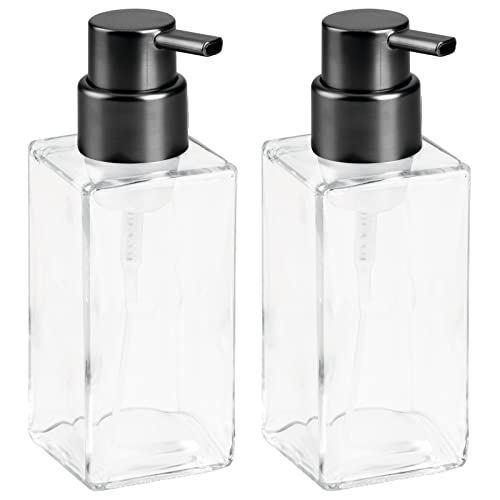 mDesign Glass Refillable Foaming Hand Soap Dispenser Modern Square Pump Bottle for Bathroom Vanities or Kitchen Sink, Countertops - 2 Pack - Clear/Black - color: Clear/Brushed Black
