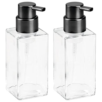 mDesign Glass Refillable Foaming Hand Soap Dispenser Modern Square Pump Bottle for Bathroom Vanities or Kitchen Sink, Countertops - 2 Pack - Clear/Black - color: Clear/Brushed Black