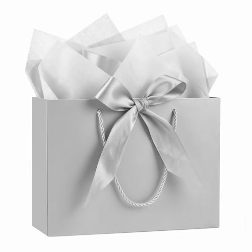 Mifferer Large Gift Bag, 1 Pcs Paper Gift Bag for Presents with 2 Wrappers and 1 Card, Gift Wrapping Bag with Handles for Women Men Birthday Wedding Party, 32 * 25 * 11 cm - color: Gray