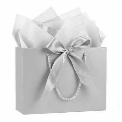 Mifferer Large Gift Bag, 1 Pcs Paper Gift Bag for Presents with 2 Wrappers and 1 Card, Gift Wrapping Bag with Handles for Women Men Birthday Wedding Party, 32 * 25 * 11 cm - color: Gray