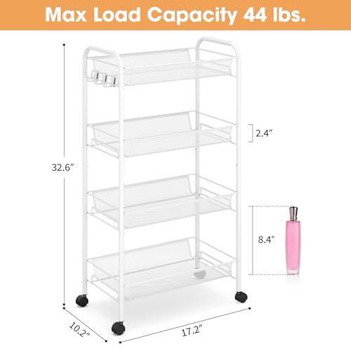 TOOLF 4 Tier Rolling Cart, Metal Utility Storage Cart with Wheels, White - color: White, size: 4-Tier