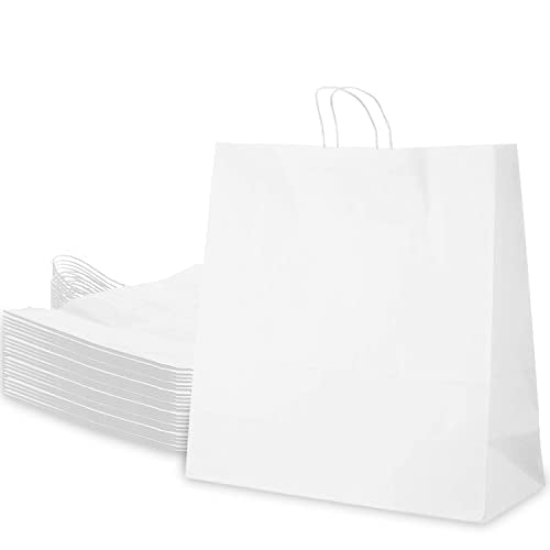 EcoQuality Large White Kraft Paper Bags with Handles - 18x7x19 inches, Strong, Reusable, Durable, Ecofriendly (100) for Shopping, Gift, Party, Retail, Merchandise, Lunch, Grocery Bags