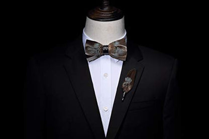 RBOCOTT Handmade Feather Pre-tied Bow tie and Brooch Sets for Men - color: Brown/Turqupise