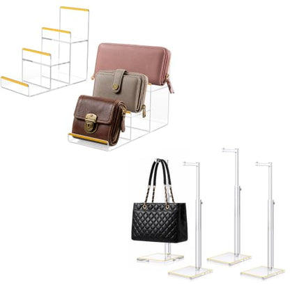 6Pcs Clear Acrylic Display Stand Bundle with Gold Trim, 4 Adjustable Purse Holders (14"-24") & 2 Widen 3-Tier Wallet Risers, Handbag and Clutch Countertop Organizer Rack Set for Retail Boutique