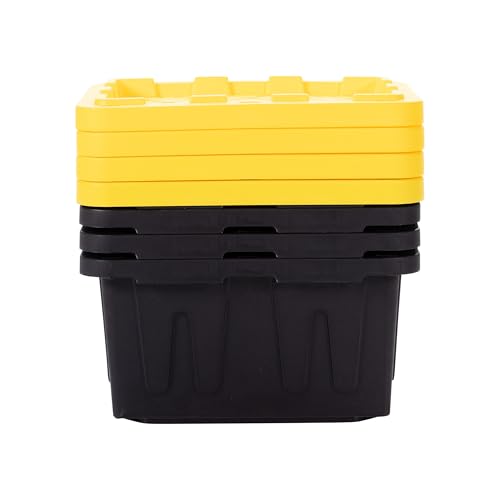 Plastic 5-Gallon Storage Tote with Lockable Lid, Stackable Tough Regular-Duty Bin for Garage, Tools, and Home Organization (4-Pack) - Black and Yellow - size: 5-Gallon (4-Pack)